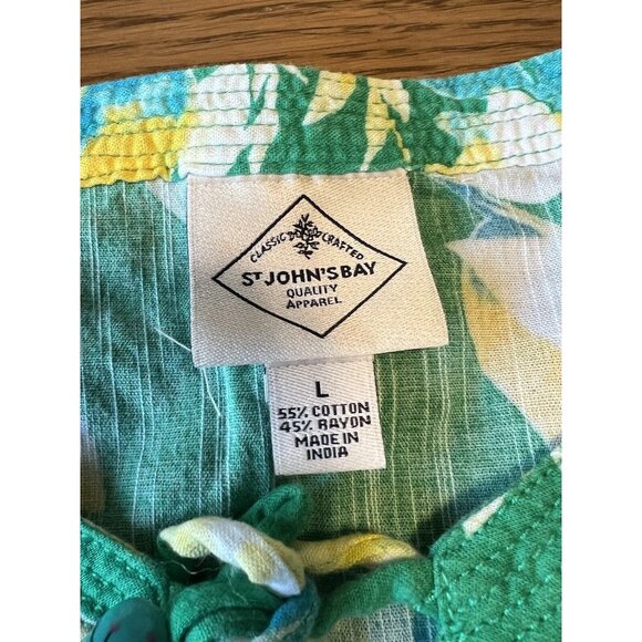 St. Johns Bay Women Green Floral Long Sleeve Blouse Size Large Hawaiian Colorful - Picture 11 of 14